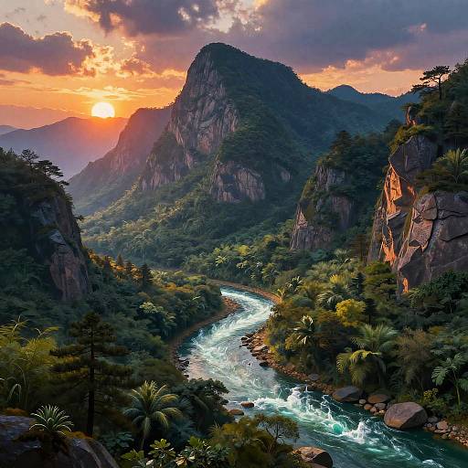 Photorealistic digital artwork of a lush, mountainous valley at sunset, featuring a winding river with white rapids, surrounded by dense greenery and