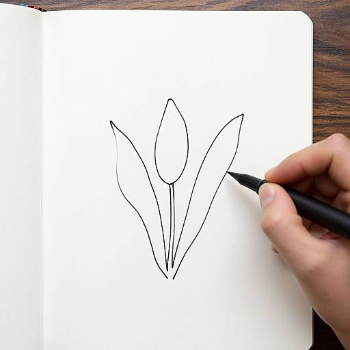 Photograph of a hand drawing a simple black line sketch of two tulip flowers on white paper with a black pen.