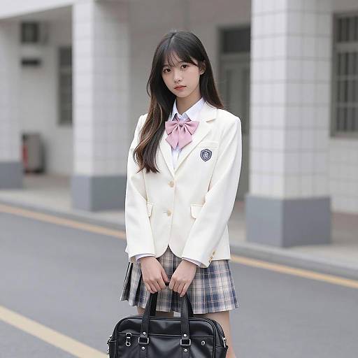 Young Asian Woman in School Uniform Holding Bag