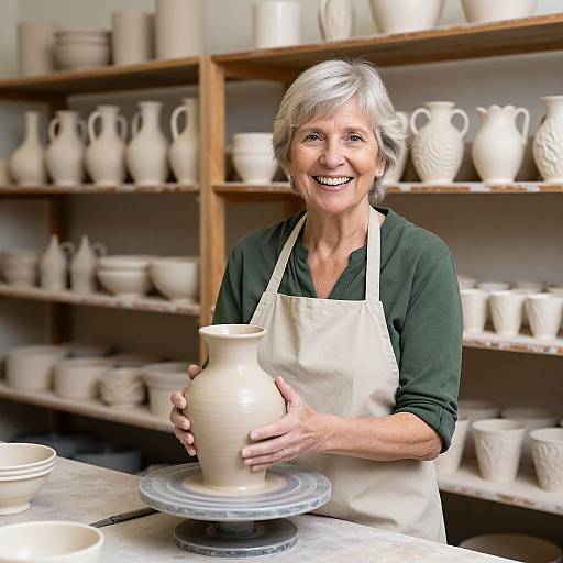 Cheerful Elderly Woman in Pottery Workshop