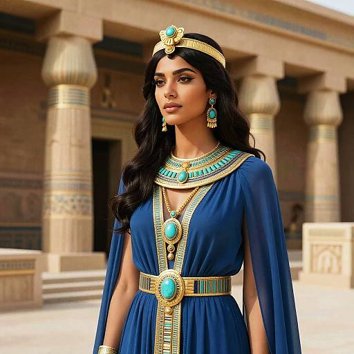 Photorealistic digital artwork of a dark-haired woman in an ancient Egyptian-style blue dress with gold and turquoise jewelry, standing in front of a stone temple