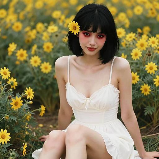 Photograph of an Asian woman with black bob haircut, white sundress, and yellow daisy hairpin, sitting in a sunflower field.
