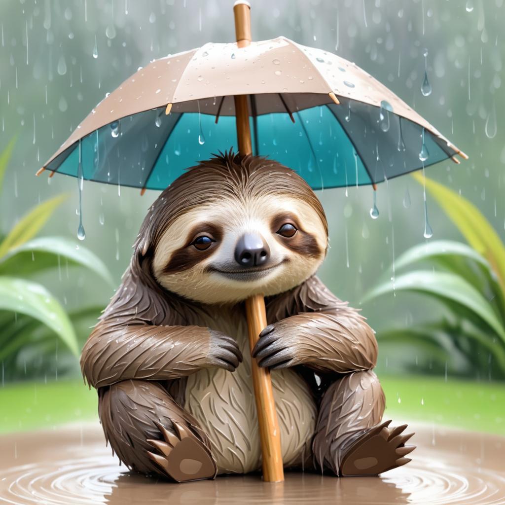 Charming Sloth Under Rainy Umbrella