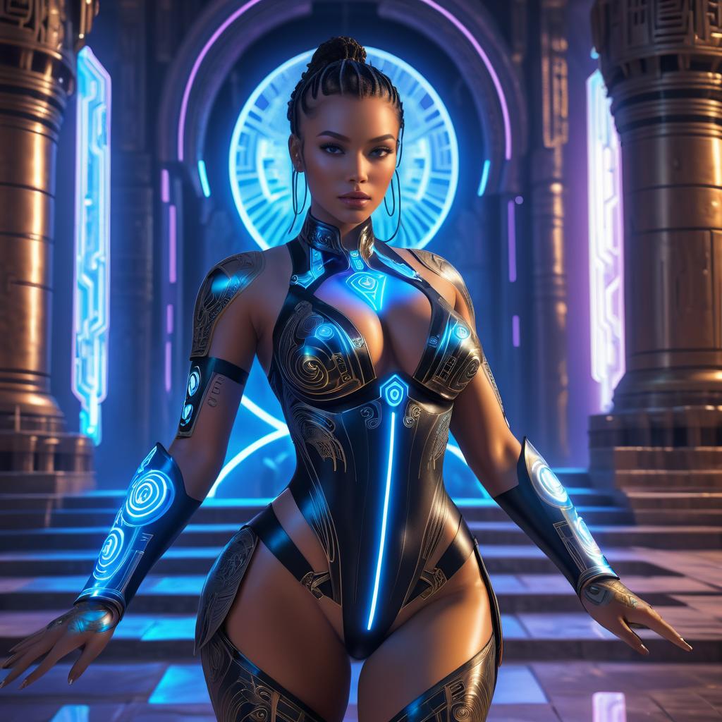 Futuristic Female Cyborg in Ancient Temple