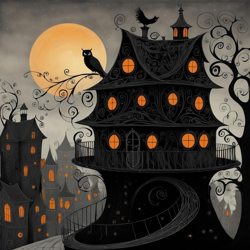 Peculiar Owl Over Eerie Village Scene