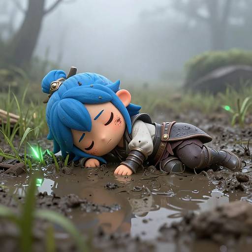 Blue-Haired Warrior in Misty Swamp