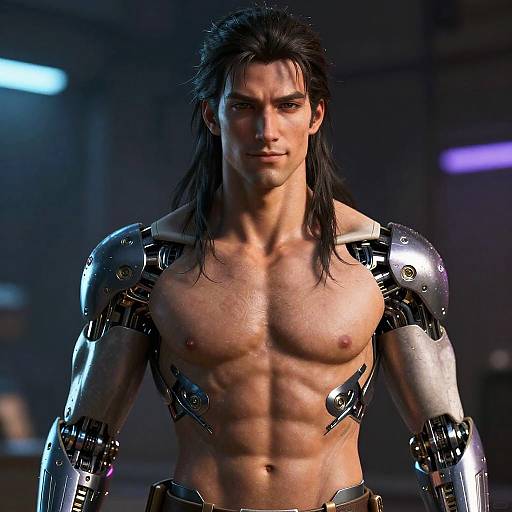 CGI image of a muscular man with long black hair, cybernetic silver arms, and bare chest, standing in a dimly lit industrial background