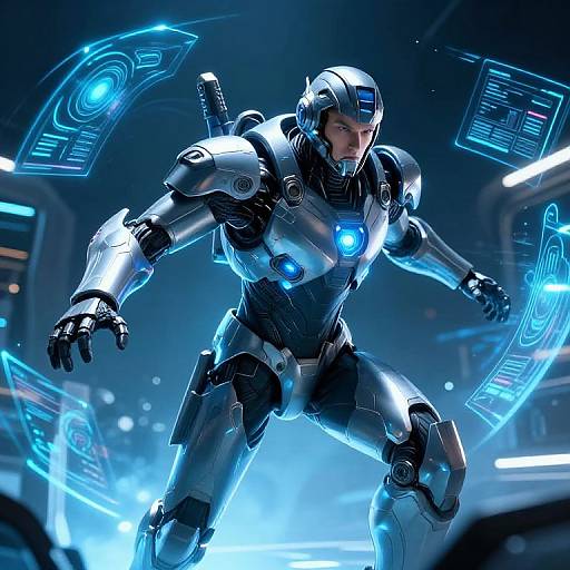 CGI image of a sleek, blue-lit, futuristic robotic soldier with glowing blue accents, standing in a high-tech, neon-lit environment.
