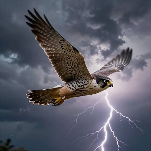Photograph of a hawk with spread wings flying against a stormy sky with bright lightning, showcasing detailed feathers and intense motion.