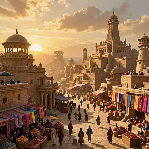 Photograph of a bustling Indian market at sunset, featuring colorful stalls, historic stone buildings, people walking, and a golden sky.