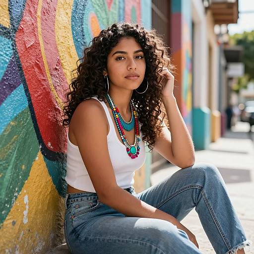 Photograph of a curly-haired, tan-skinned woman with hoop earrings and colorful bead necklace, sitting against a vibrant street mural, wearing a white tank