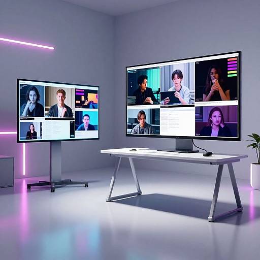 Photograph of a modern, minimalist room with two plasma TVs displaying interview segments, a white bench, and neon purple lighting.