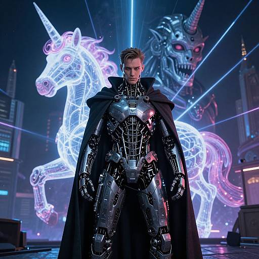 Photorealistic CGI: Man in glossy black armor and dark cape stands before glowing neon unicorn and menacing horned creature, futuristic cityscape background.
