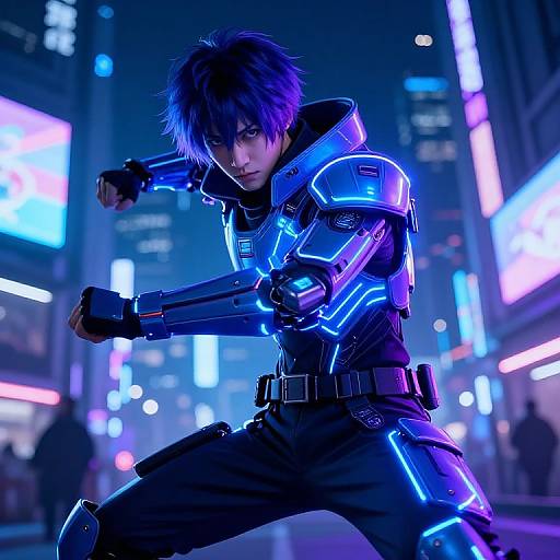 CGI image of a blue-haired anime boy in glowing cyber armor, fighting stance, neon-lit futuristic city background, intense expression.