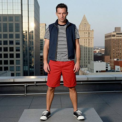Photograph of a white man with short dark hair, wearing a striped shirt, navy vest, red shorts, and black sneakers, standing on a rooftop