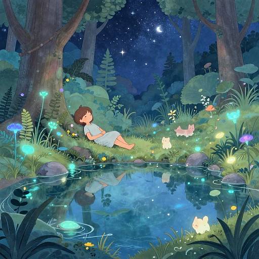 Digital illustration of a girl in a white dress lying by a glowing, bioluminescent forest pond at night, surrounded by fireflies, a small