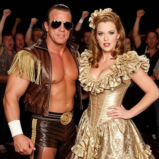 Photograph of a muscular man in a brown fringed vest and black shorts, standing beside a curvy woman in a gold, ruffled dress,