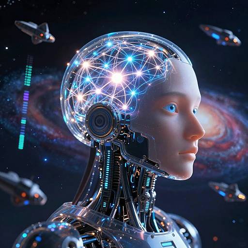 CGI image of a futuristic, cybernetic human head with glowing blue and white star-like lights, set against a space background with galaxies and floating
