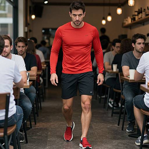 Photograph of a muscular man in a red long-sleeve shirt, black shorts, and red sneakers walking through a café with seated men in casual