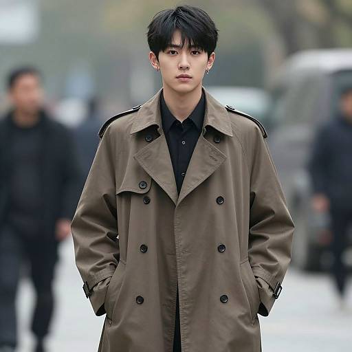 Photograph of a young Asian man with black hair, wearing a brown double-breasted coat over a black shirt, standing confidently on a blurred urban street
