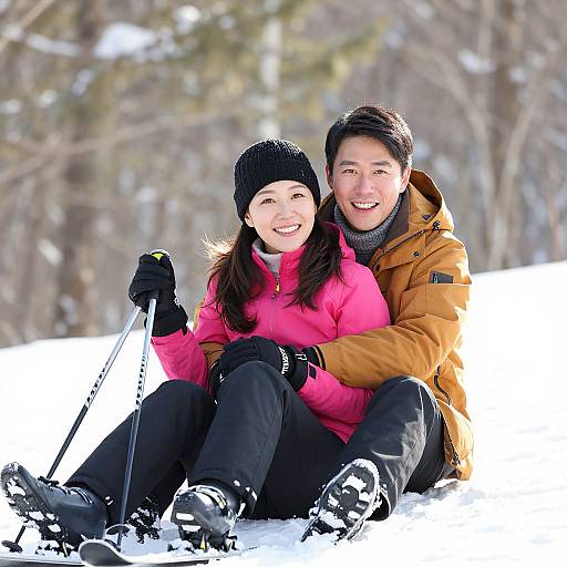 Photograph of smiling Asian couple in winter clothes, sitting on snowy ground, holding ski poles, surrounded by blurred trees.