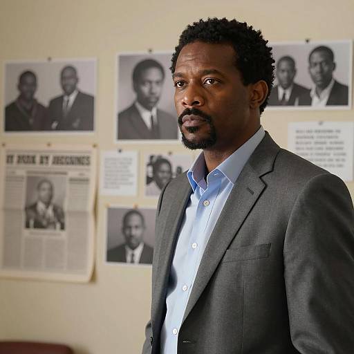 Serious African American Man in Office with Investigative Wall
