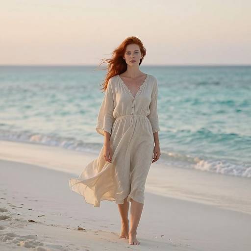 Photograph of a red-haired woman in a flowing, cream-colored dress walking barefoot on a sunlit beach with turquoise waves.