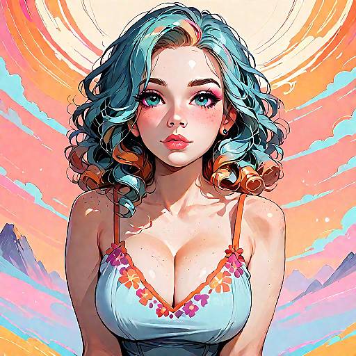 Colorful Curly-Haired Woman in Bohemian Dress