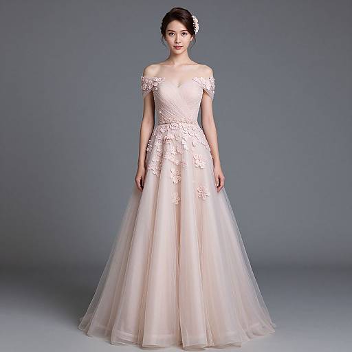 Photograph of an Asian woman in an off-the-shoulder, ivory lace and tulle wedding gown, standing against a plain gray background.