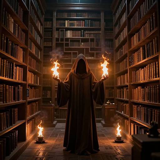 Digital artwork: Hooded figure with glowing fire in hands stands between two rows of bookshelves in dimly lit library, surrounded by small candles.