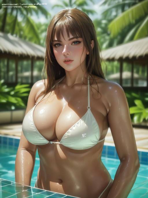 Woman in White Bikini by Pool