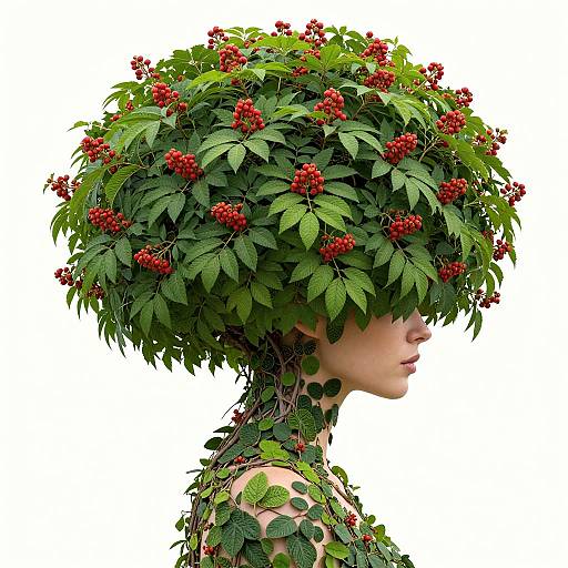 Digital artwork of a woman with a lush, green, red-berry-laden tree for hair, leafy vines on her neck and shoulders, profile