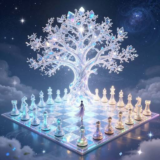 Digital art of a glowing, crystal-like chess tree in space, with white and blue chess pieces on illuminated squares.