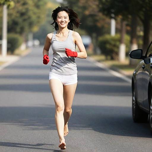 Smiling barefoot woman running on road
