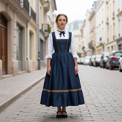 Photograph of a young woman in a navy blue Victorian-style dress with white blouse and black shoes, standing on a cobblestone street in a European