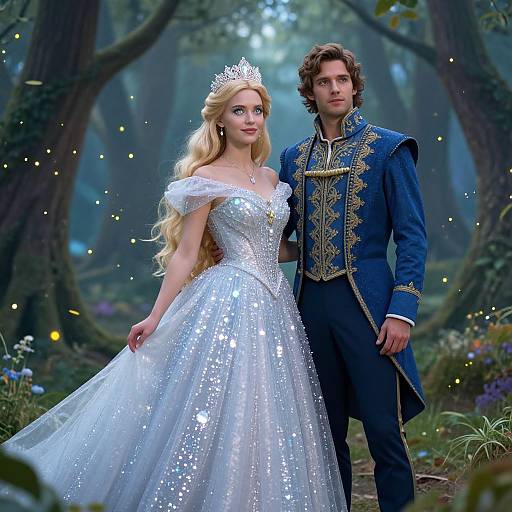 Photorealistic digital art of a princess with long blonde hair, sparkling white gown, tiara, and a prince in a blue, gold-emb