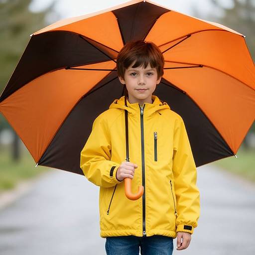 Photograph of a young boy with brown hair, wearing a bright yellow rain jacket and holding an orange-black umbrella on a rainy, blurred road.