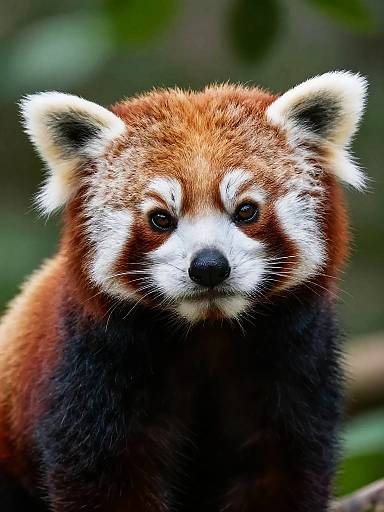 Close-up photograph of a red panda with vivid red-brown fur, white facial markings, and black ears, gazing directly at the camera against a