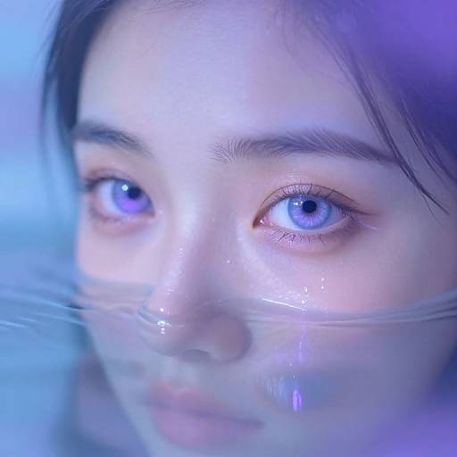 Close-up photograph of an Asian woman with vibrant blue eyes, wet face, and subtle makeup, bathed in blue light, creating a dreamy,