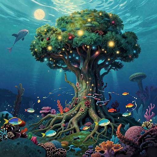 Vibrant underwater scene with enchanted tree, glowing lights, colorful fish, and coral, illuminated by moonlight, surrounded by jellyfish and sea creatures