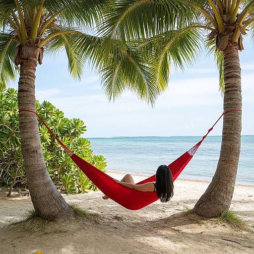 Photograph of a woman with black hair in a red hammock, strung between two palm trees, relaxing on a sandy beach with a calm ocean