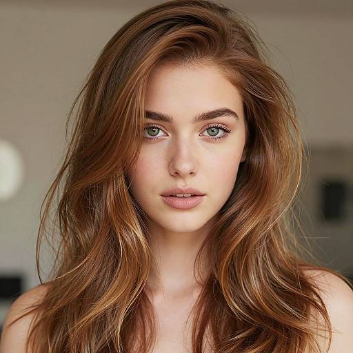 Photograph of a young woman with fair skin, long wavy auburn hair, and striking blue eyes, staring directly at the camera with a