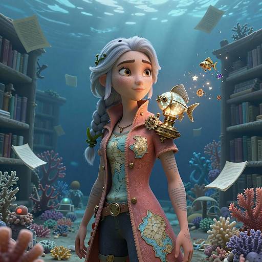 Mystical Underwater Archivist in Coral Library
