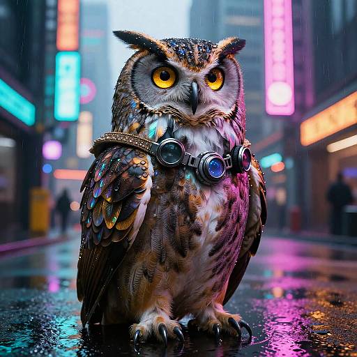 Cyberpunk Owl in Neon Cityscape