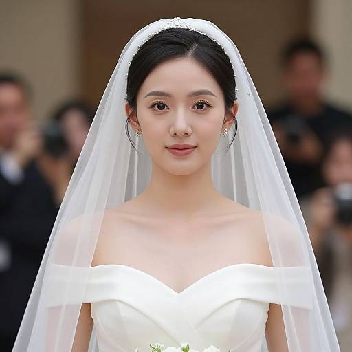 Photograph of an Asian bride with fair skin, black hair, and red lips, wearing a white off-shoulder dress and veil, standing in