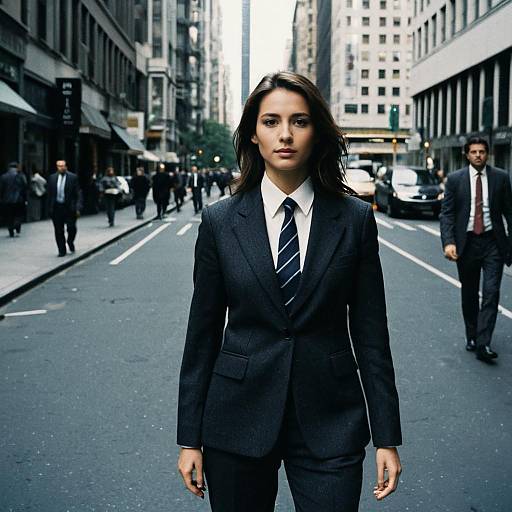 Photograph of a confident brunette woman in a black suit and striped tie, walking down a busy city street with tall buildings and pedestrians in the background.