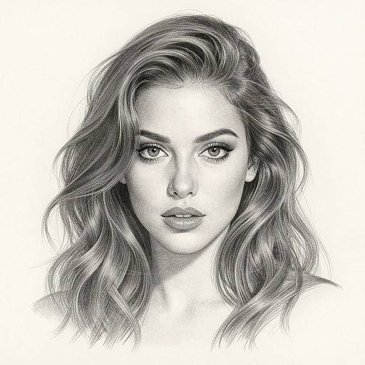 Black-and-white pencil drawing of a young woman with wavy hair, full eyebrows, and intense gaze, featuring detailed shading and texture.