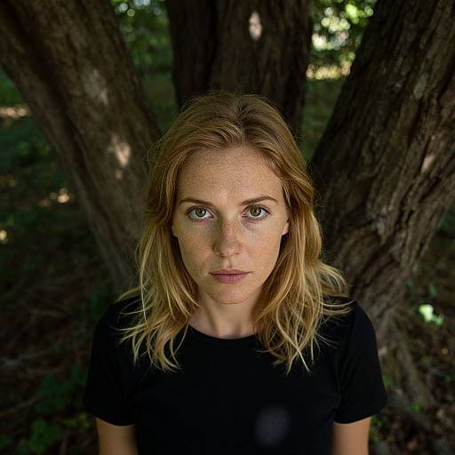 Photograph of a blonde woman with green eyes, wearing a black shirt, standing in a dark forest with tall trees. Her expression is serious, and