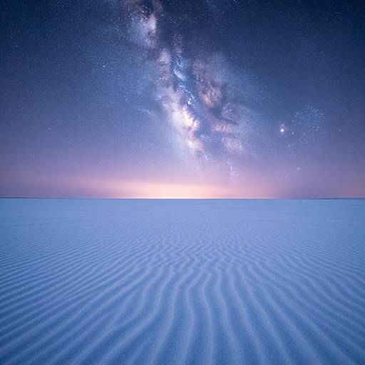 Photograph of a mesmerizing, starry night sky over a vast, rippled blue desert, with the Milky Way stretching diagonally overhead.