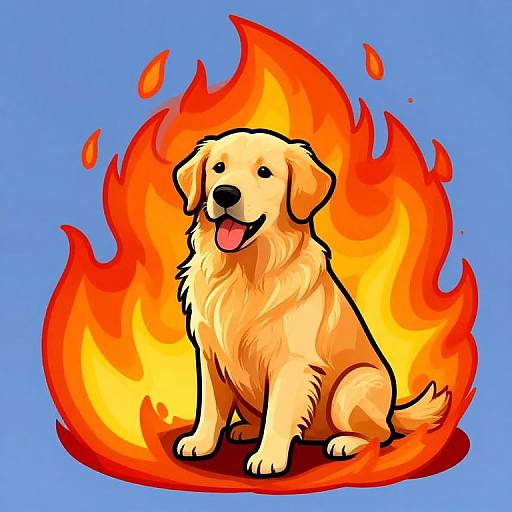 Digital illustration of a happy, golden retriever sitting in vibrant, orange-yellow flames against a solid blue background. The dog's tongue is out, eyes